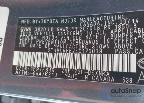 2014 Toyota Corolla Le Plus z USA, uszkodzony, nr VIN 2T1BURHE2EC120039